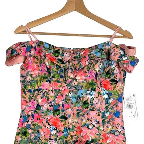 AIDAN MATTOX FLORAL OFF THE SHOULDER PRINTED CREPE SHEATH COCKTAIL DRESS - Picture 6 of 15